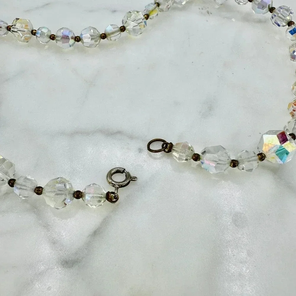 Vintage Crystal Aurora Borealis Necklace  Matching Clip On Earrings Set …